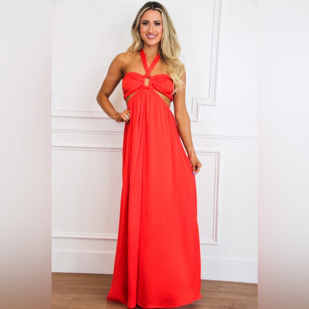 NWT AAKAA Cutout Coral Red Maxi Dress size Small